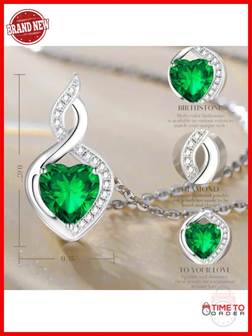 14K Solid White Gold Heart Emerald Birthstone Pendant Necklace with Diamond